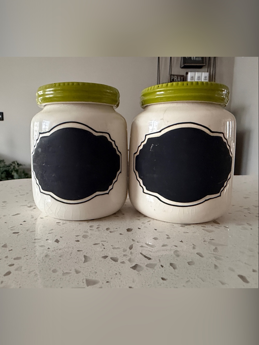 Anthropologie White Ceramic Jars with Lime Green Lids (Set of 2)
